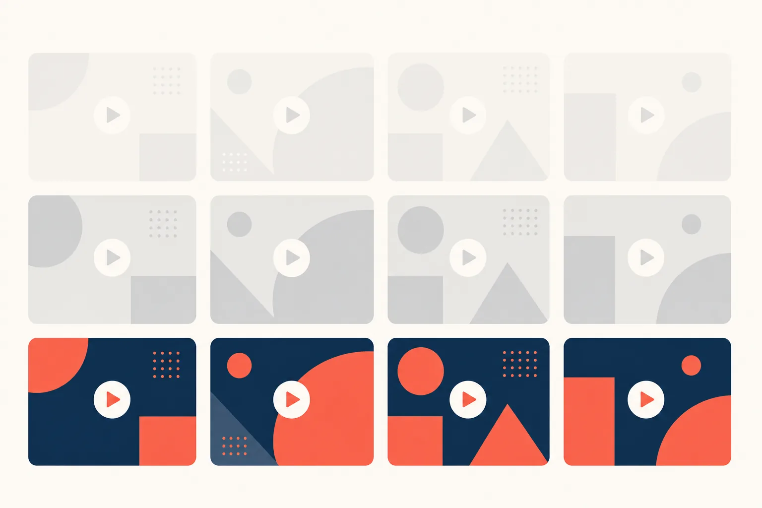 Grid of twelve identical video tiles, most faded to pale grey, with three crisp saturated tiles in the bottom row