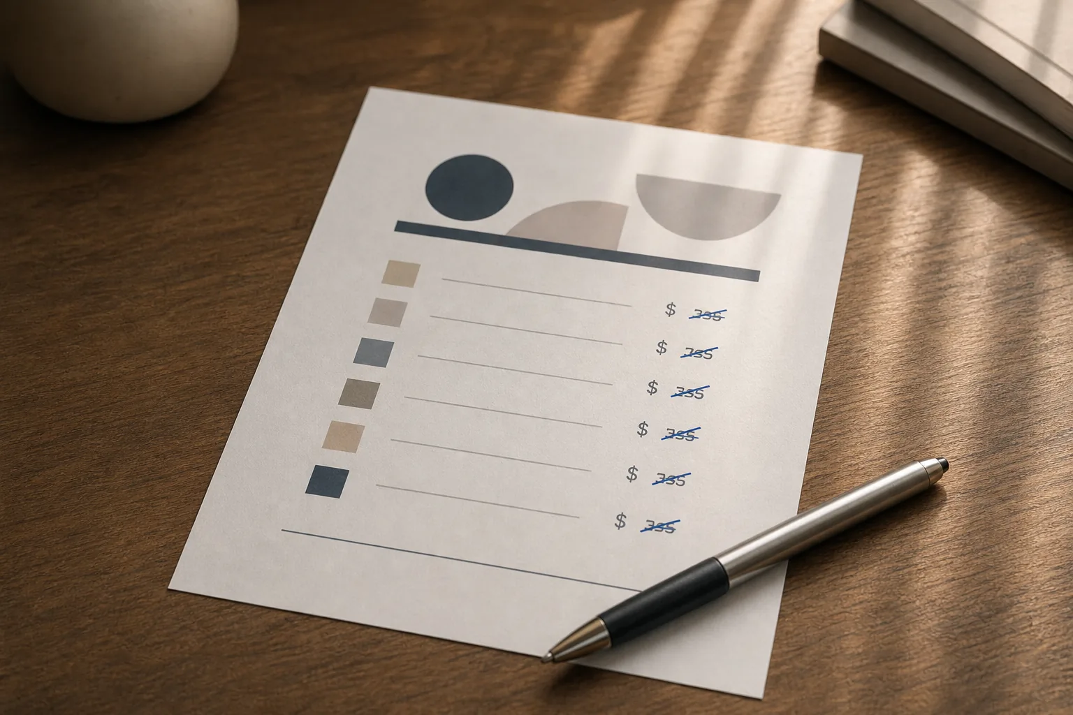 A printed UGC rate card on a wooden desk with most of its listed prices struck through in blue pen