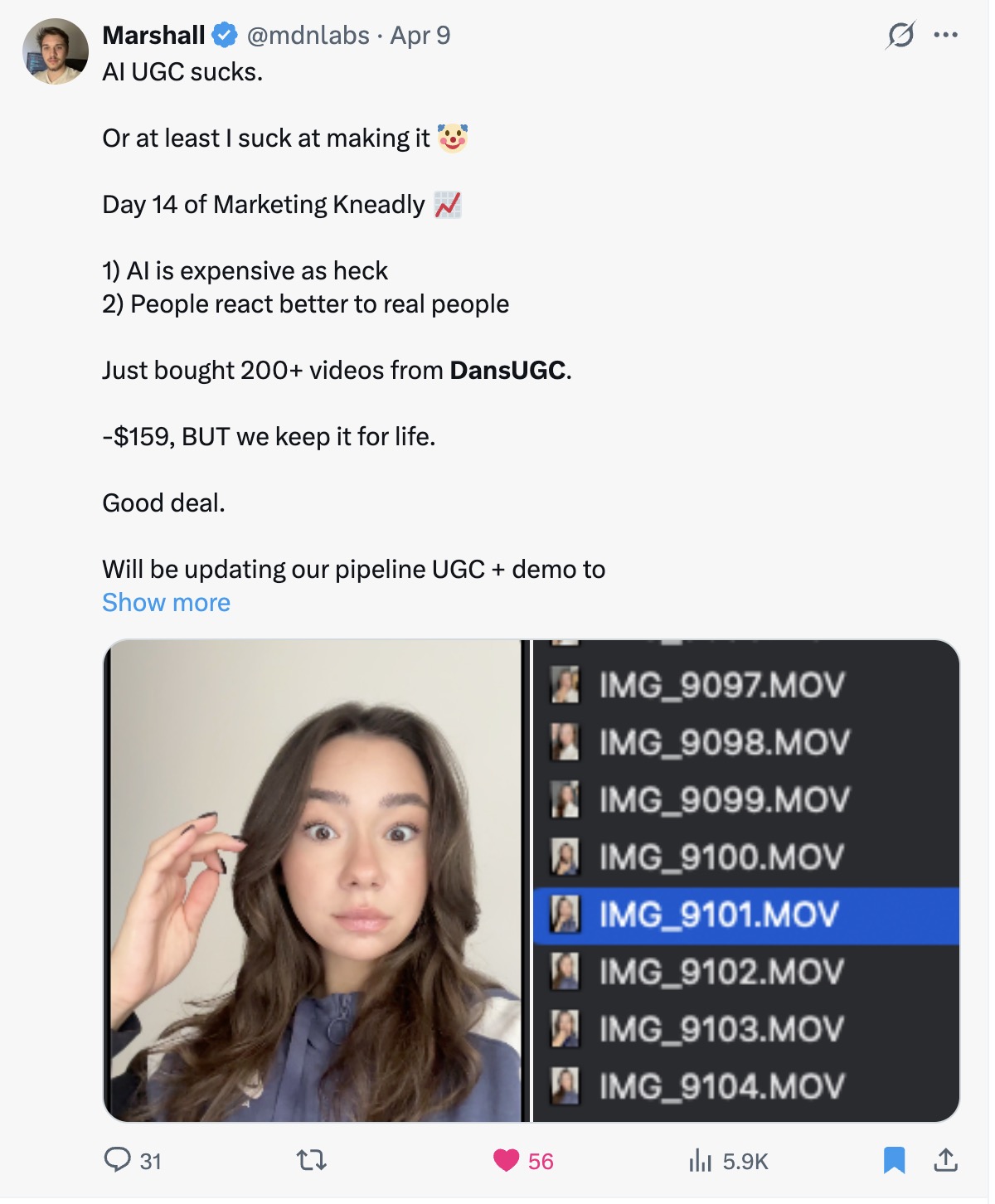 X post from @mdnlabs: “AI UGC sucks… just bought 200+ videos from DansUGC, and we keep them for life.”